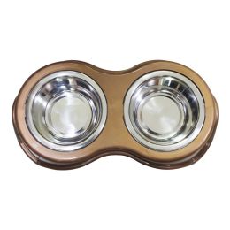 Plastic Framed Double Diner Pet Bowl in Stainless Steel, Large, Gold and Silver-Set of 2