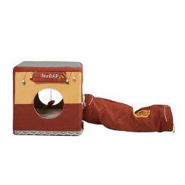 Collapsible Cat Tunnel Cubes, Hide Tunnel for Indoor Cats with Hanging Scratching Balls, Cushion Mat, Cube Frame, Light Brown XH - Yellow Brown