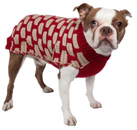 Fashion Weaved Heavy Knit Designer Ribbed Turtle Neck Dog Sweater (Color: Red/Tan, Size: Large)