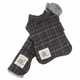 2-In-1 Windowpane Plaided Dog Jacket With Matching Reversible Dog Mat (Color: Grey, Size: Large)