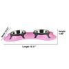 Bone Shaped Plastic Pet Double Diner with Stainless Steel Bowls, Pink and Silver