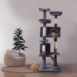 Cat Tree Cat Tower with Scratching Ball, Plush Cushion, Ladder and Condos for Indoor Cats (Color: Grey)