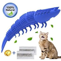 Lobster Shape Cat Toothbrush Interactive Chewing Catnip Toy Dental Care for Kitten Teeth Cleaning Leaky Food Device Natural Rubber Bite Resistance (Color: Blue)