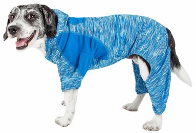 Active 'Downward Dog' Heathered Performance 4-Way Stretch Two-Toned Full Body Warm Up Hoodie (Color: Blue, Size: Large)