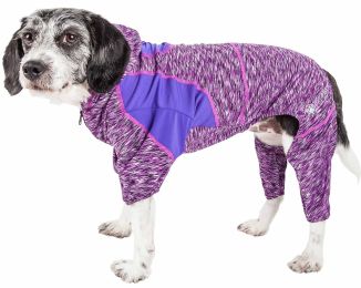 Active 'Downward Dog' Heathered Performance 4-Way Stretch Two-Toned Full Body Warm Up Hoodie (Color: Purple, Size: Large)