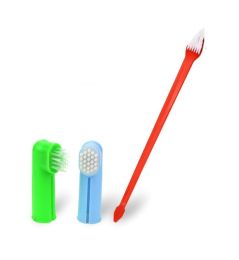 Two Headed Dog Toothbrush Set Canine Dental Hygiene Brush with 2 Finger Brushes Soft Bristles (Color: Red)