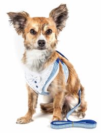 Luxe 'Spawling' 2-In-1 Mesh Reversed Adjustable Dog Harness-Leash W/ Fashion Bowtie (Color: Blue, Size: Medium)