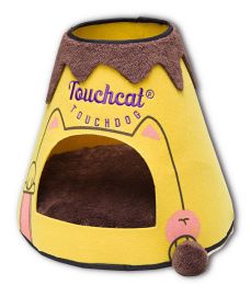 Molten Lava Designer Triangular Cat Pet Kitty Bed House With Toy (Color: Yellow/Brown)