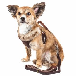 Luxe 'Furracious' 2-In-1 Mesh Reversed Adjustable Dog Harness-Leash W/ Removable Fur Collar (Color: Brown, Size: Small)