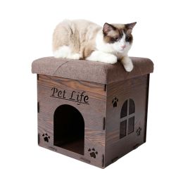 Foldaway Collapsible Designer Cat House Furniture Bench (Color: Dark Wood)