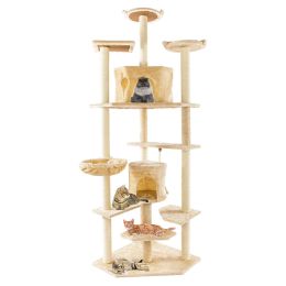 80" Solid Cute Sisal Rope Plush Cat Climb Tree Cat Tower (Color: Beige)