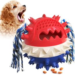 Pet Chew Toy Interactive Treat Toy Squeaky Bounce Toy with Rope for Aggressive Dog Chewers (Color: Blue)