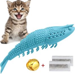 Lobster Shape Cat Toothbrush Interactive Chewing Catnip Toy Dental Care for Kitten Teeth Cleaning Leaky Food Device Natural Rubber Bite Resistance (Color: Light Blue)