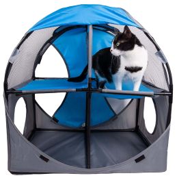 Kitty-Play Obstacle Travel Collapsible Soft Folding Pet Cat House (Color: Blue/Grey)