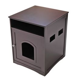 Cat's Wooden House Indoor Feline Condo Toilet Litter Box Hideaway Beside Table Nightstand (Color: Brown)