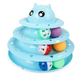 Cat Toy Three Tier Rotary Tower Track with Sound Bell Ball Interactive Pet Toy (Color: Blue)
