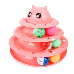 Cat Toy Three Tier Rotary Tower Track with Sound Bell Ball Interactive Pet Toy (Color: Pink)